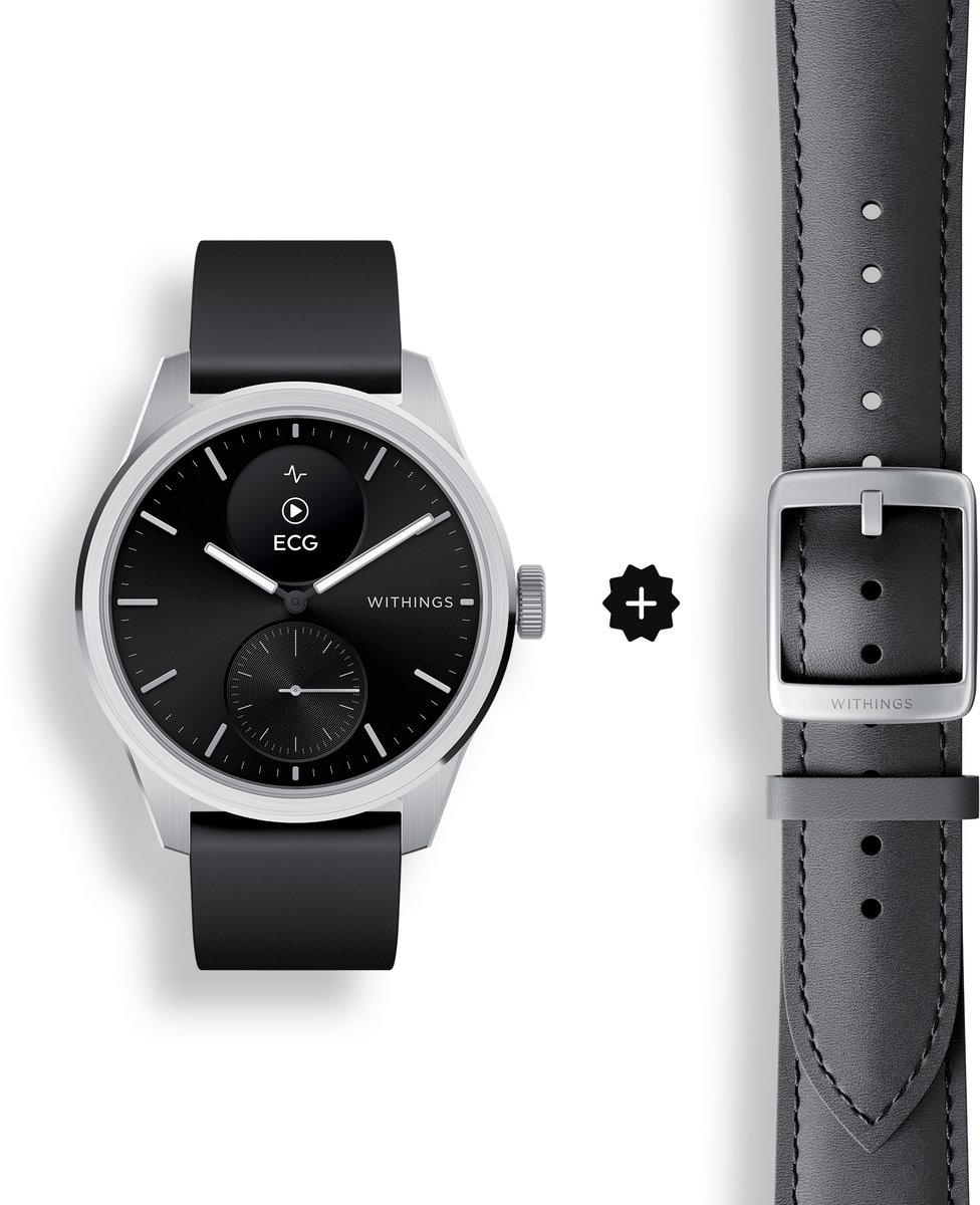 De Withings ScanWatch 2 42mm Zwart Leather Band Bundle in één oogopslag