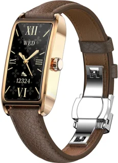WizBay Premium Select® 1.13 inch AMOLED Smartwatch — Goud met Donkerbruin Leren Band