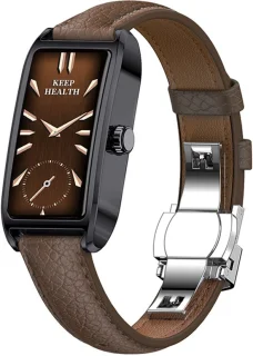 WizBay Premium Select® 1,13-inch AMOLED Smartwatch Zwart met Donkerbruin Leren Band