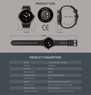 WizBay Premium Select 1.32inch 6xGPS AMOLED Smartwatch Zwart Siliconen Band