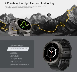 WizBay Premium Select 1.32inch 6xGPS AMOLED Smartwatch Zwart Siliconen Band