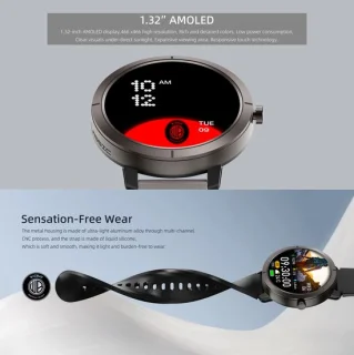WizBay Premium Select 1.32inch 6xGPS AMOLED Smartwatch Zwart Siliconen Band
