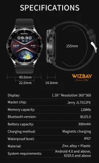 WizBay Premium Select 1.39" 2in1 Sport Smartwatch Zwart