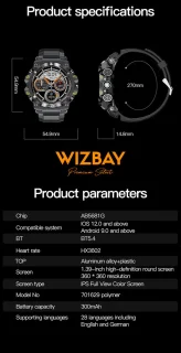 WizBay Premium Select 1.39 Inch Smartwatch Zwart Aubergine Siliconen Band
