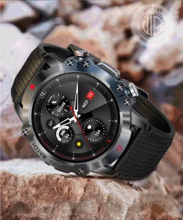 WizBay Premium Select 1.39" Sport Smartwatch Allu Mat Zwart Blauwe Rim Zwarte TPU Band
