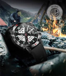 WizBay Premium Select 1.39" Sport Smartwatch Allu Mat Zwart Blauwe Rim Zwarte TPU Band