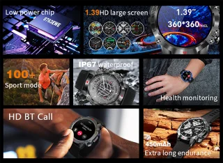 WizBay Premium Select 1.39" Sport Smartwatch Allu Mat Zwart Blauwe Rim Zwarte TPU Band