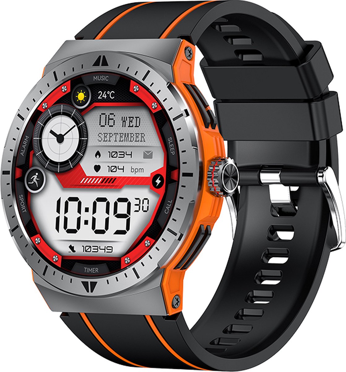 De WizBay Premium Select 1.43" AMOLED Sport Smartwatch Oranje Zwart in één oogopslag