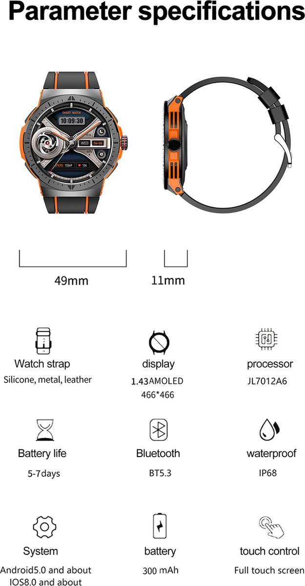 Wat vinden we goed aan de WizBay Premium Select 1.43" AMOLED Sport Smartwatch Oranje Zwart