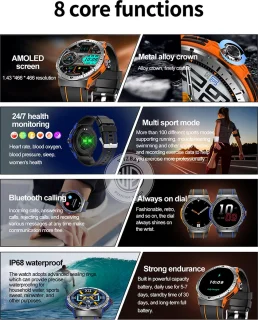 WizBay Premium Select 1.43" AMOLED Sport Smartwatch Rood Zwart