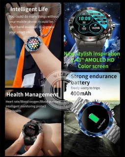 WizBay Premium Select 1.43inch Sport Smartwatch Alu Mat Zwart Case RVS Band