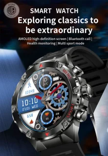 WizBay Premium Select 1.43inch Sport Smartwatch Alu Mat Zwart Case RVS Band