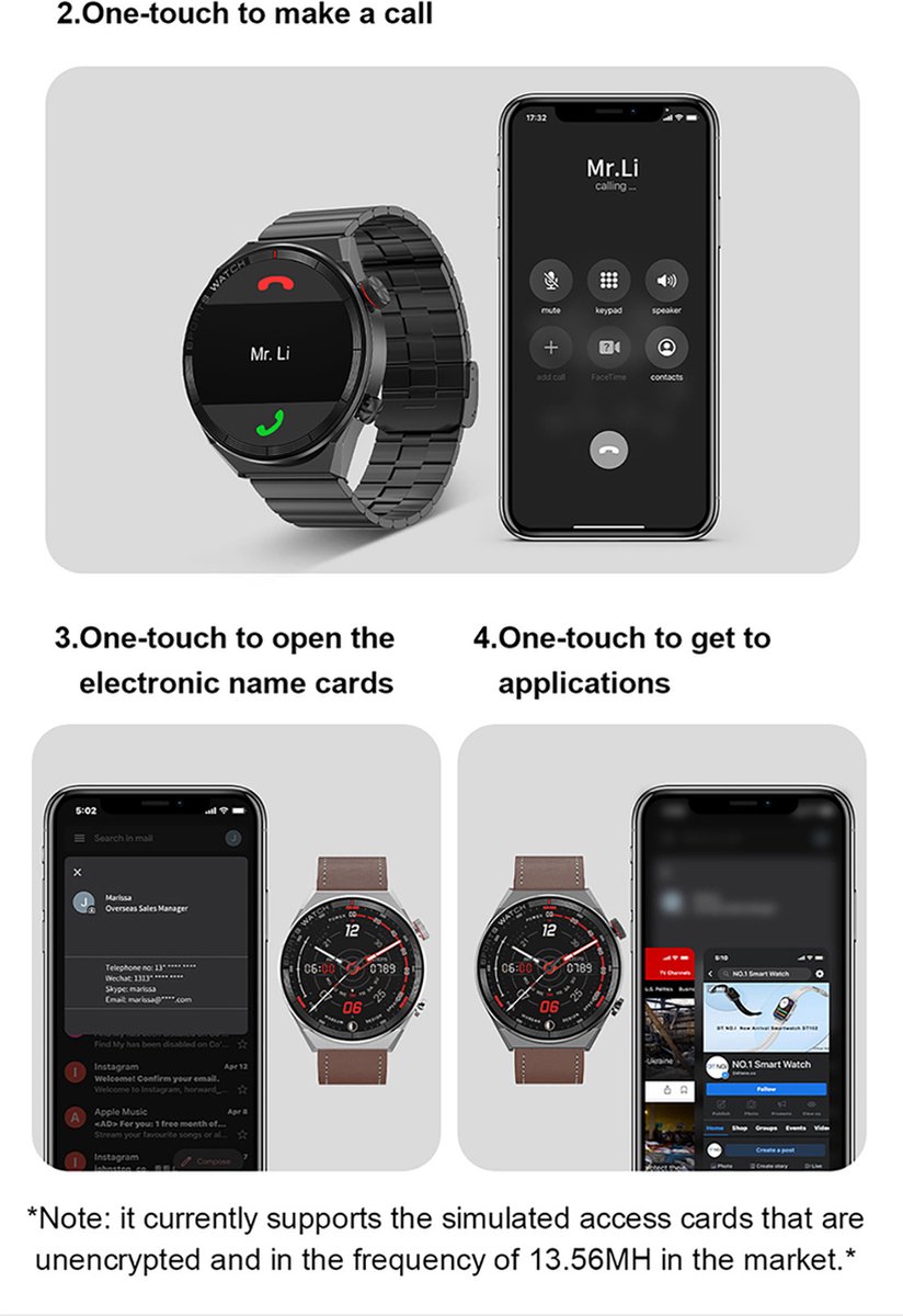 WizBay Premium Select 1.5" Smartwatch Alu Zilver Case Lederen Bruin Band