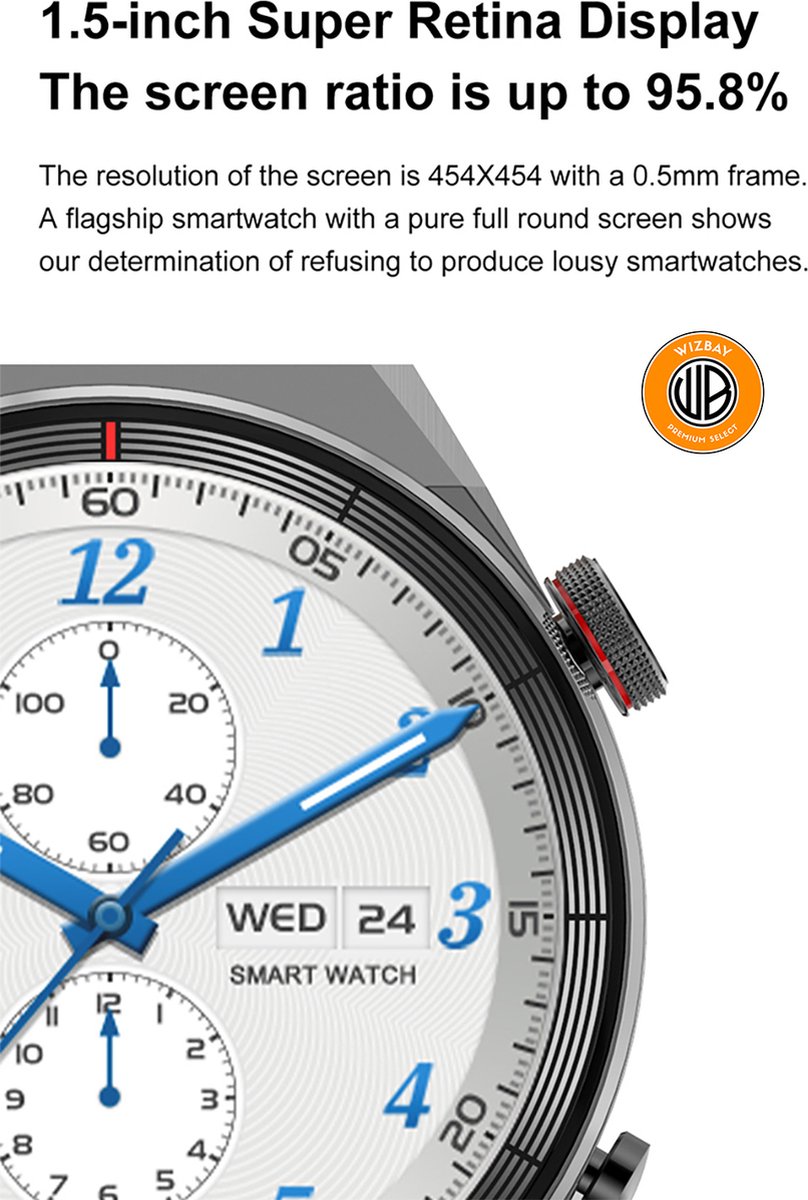 WizBay Premium Select 1.5" Smartwatch Alu Zilver Case Lederen Bruin Band
