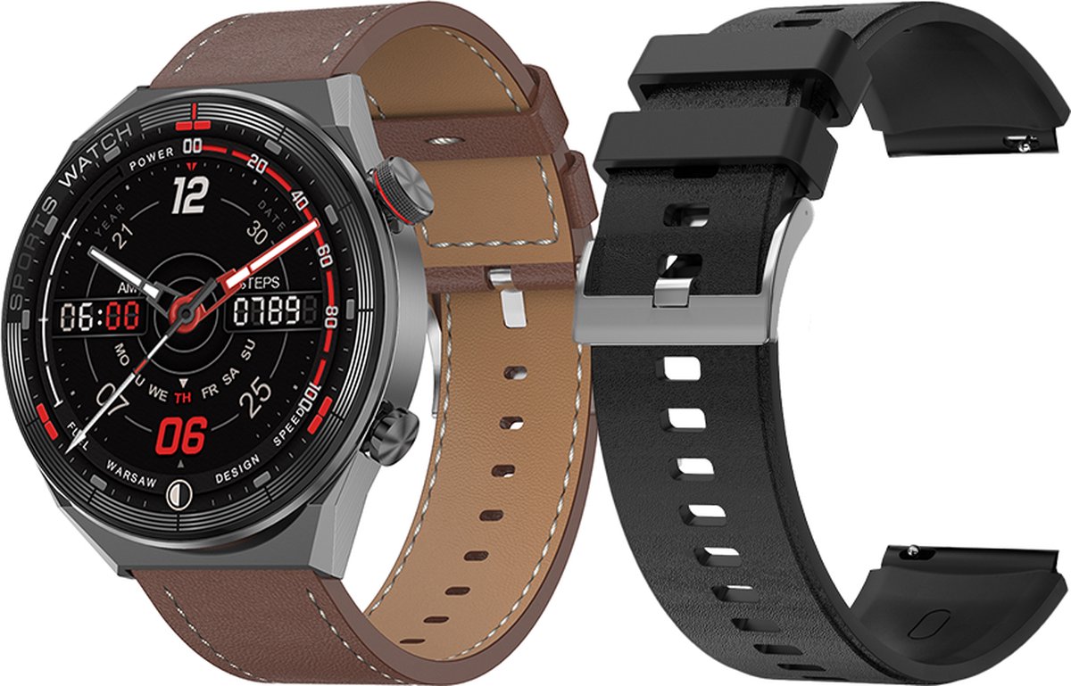 WizBay Premium Select 1.5" Smartwatch Alu Zilver Case Lederen Bruin Band