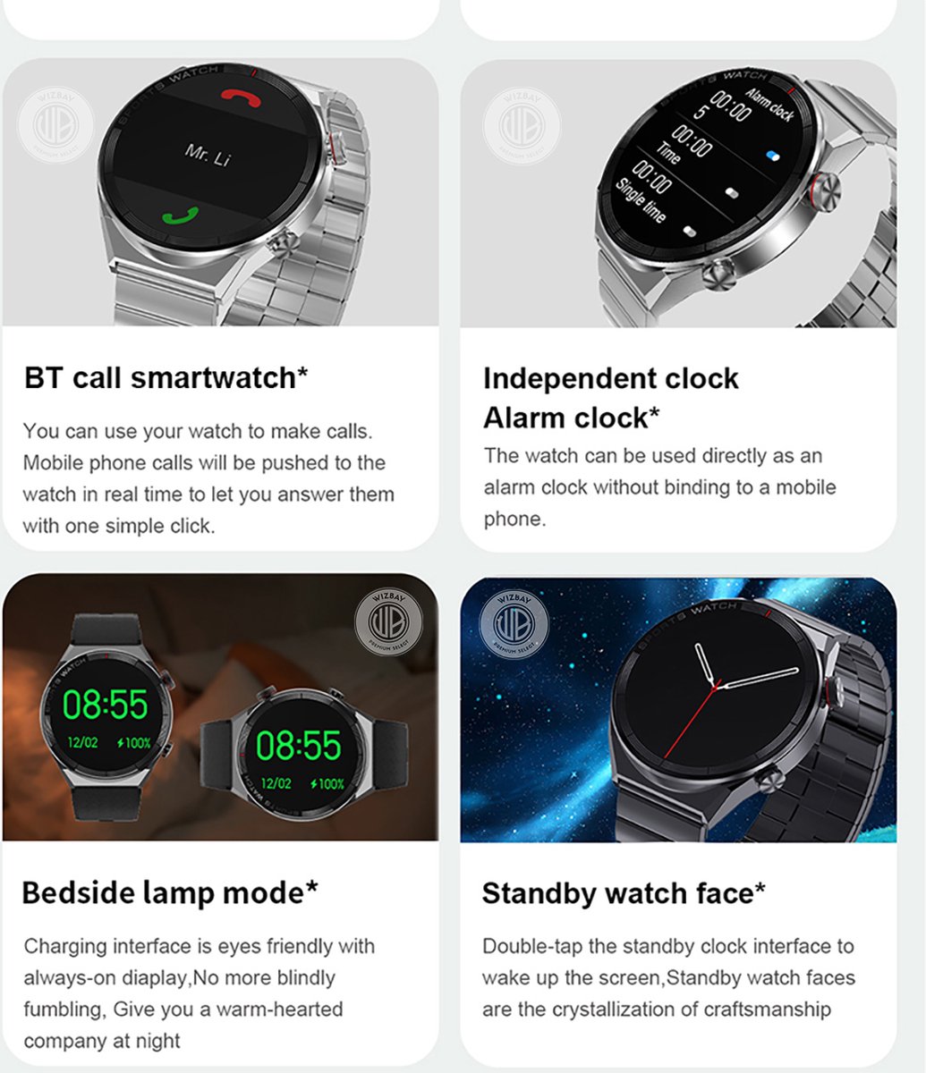 WizBay Premium Select 1.5" Smartwatch Alu Zilver Case Lederen Bruin Band