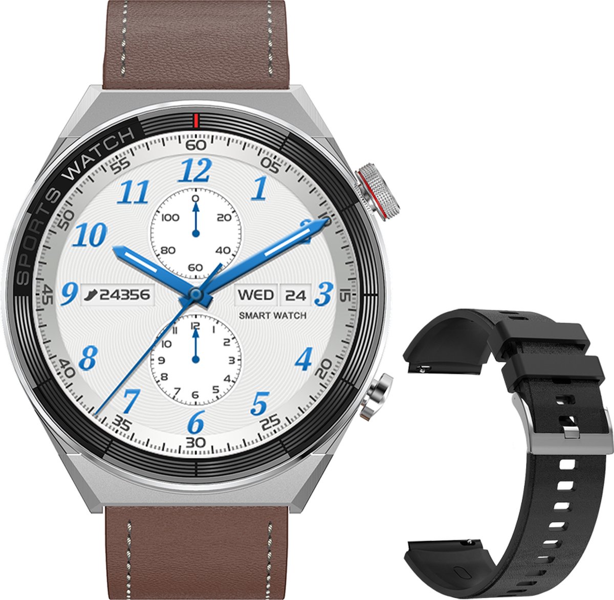 WizBay Premium Select 1.5" Smartwatch Alu Zilver Case Lederen Bruin Band
