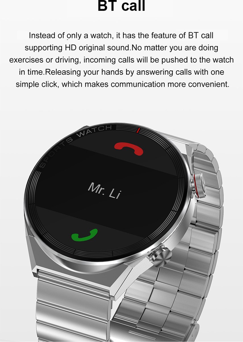 WizBay Premium Select 1.5" Smartwatch Alu Zilver Case Lederen Bruin Band