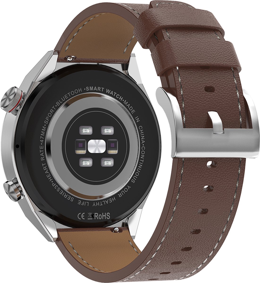 WizBay Premium Select 1.5" Smartwatch Alu Zilver Case Lederen Bruin Band