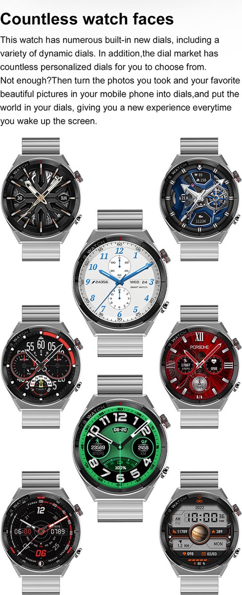 WizBay Premium Select 1.5" Smartwatch Alu Zilver Case Lederen Bruin Band