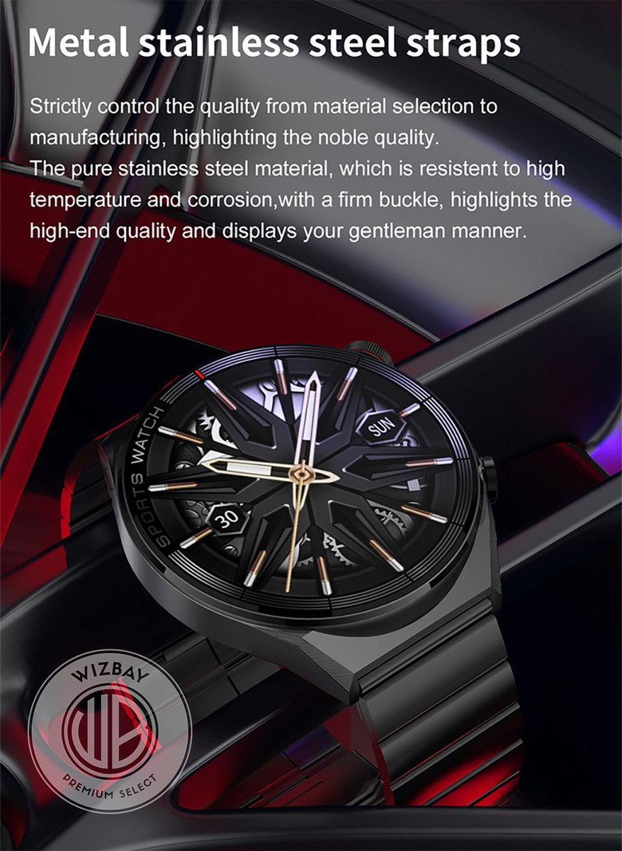 WizBay Premium Select 1.5" Smartwatch Alu Zilver Case Lederen Bruin Band