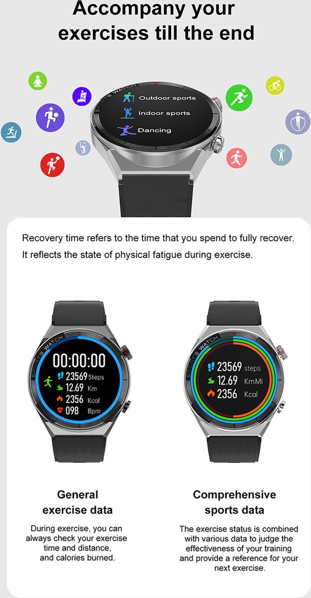 WizBay Premium Select 1.5" Smartwatch Alu Zilver Case Lederen Bruin Band