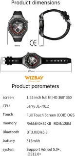 WizBay Premium Select 1.53 inch TFT Smartwatch Obsidiaan Zwart