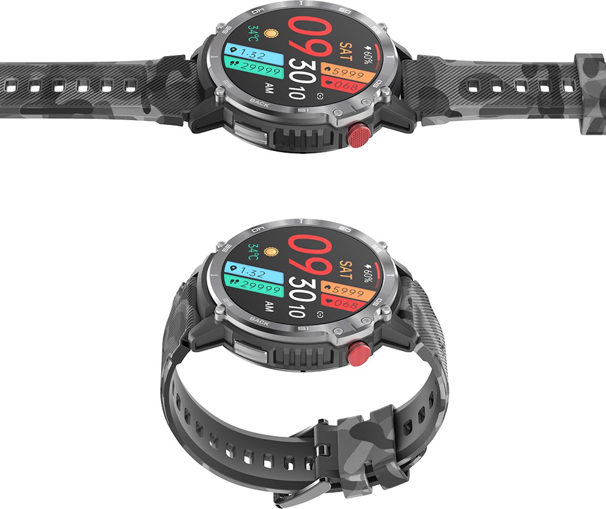 WizBay Premium Select 1.6inch Sport Smartwatch Alu Mat Zwart Army Band