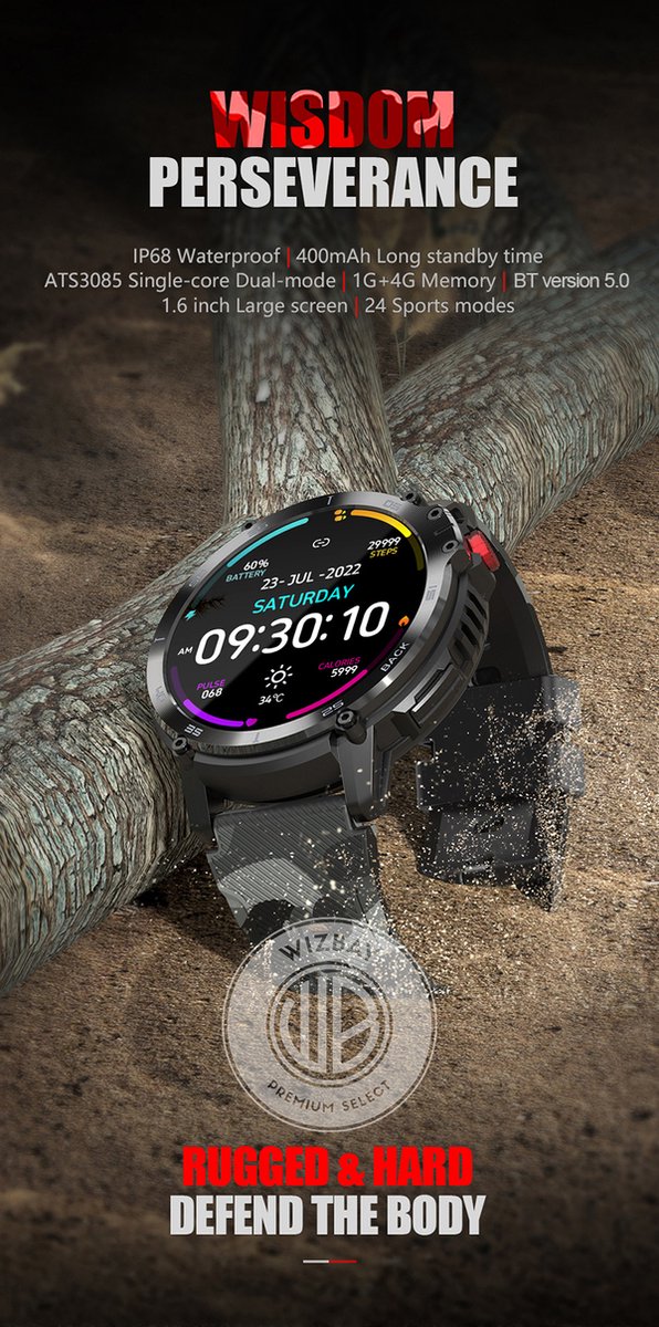 WizBay Premium Select 1.6inch Sport Smartwatch Alu Mat Zwart Army Band