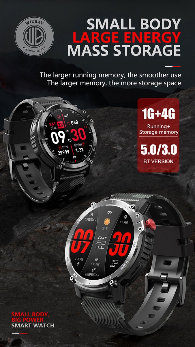 WizBay Premium Select 1.6inch Sport Smartwatch Alu Mat Zwart Army Band