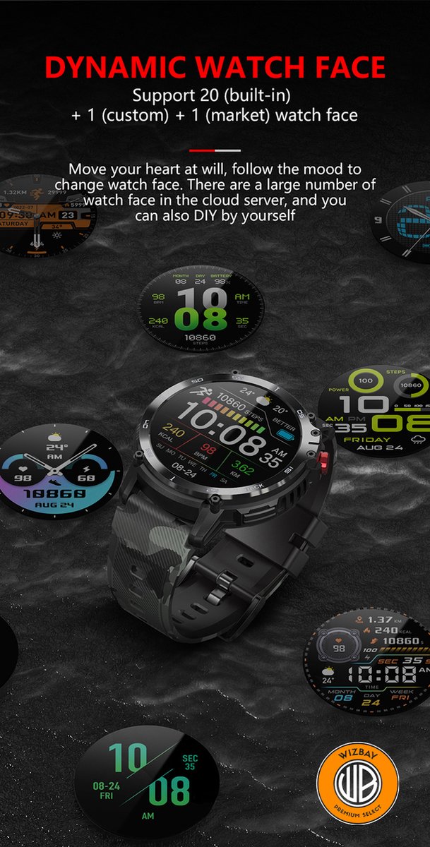WizBay Premium Select 1.6inch Sport Smartwatch Alu Mat Zwart Army Band