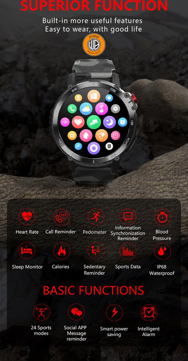 WizBay Premium Select 1.6inch Sport Smartwatch Alu Mat Zwart Army Band