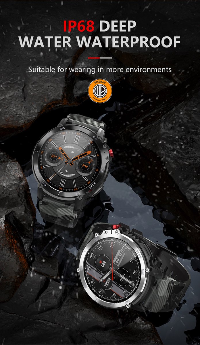 WizBay Premium Select 1.6inch Sport Smartwatch Alu Mat Zwart Army Band