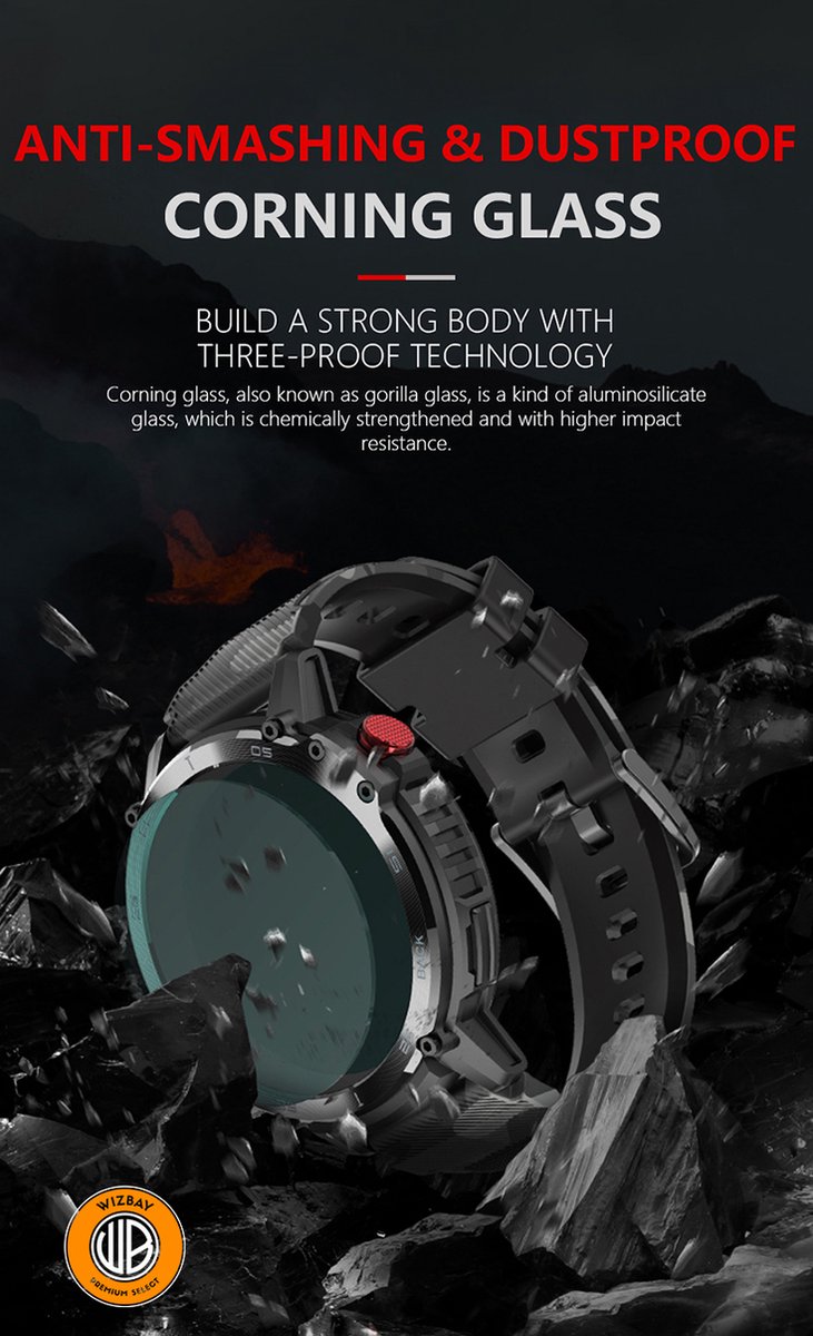 WizBay Premium Select 1.6inch Sport Smartwatch Alu Mat Zwart Army Band