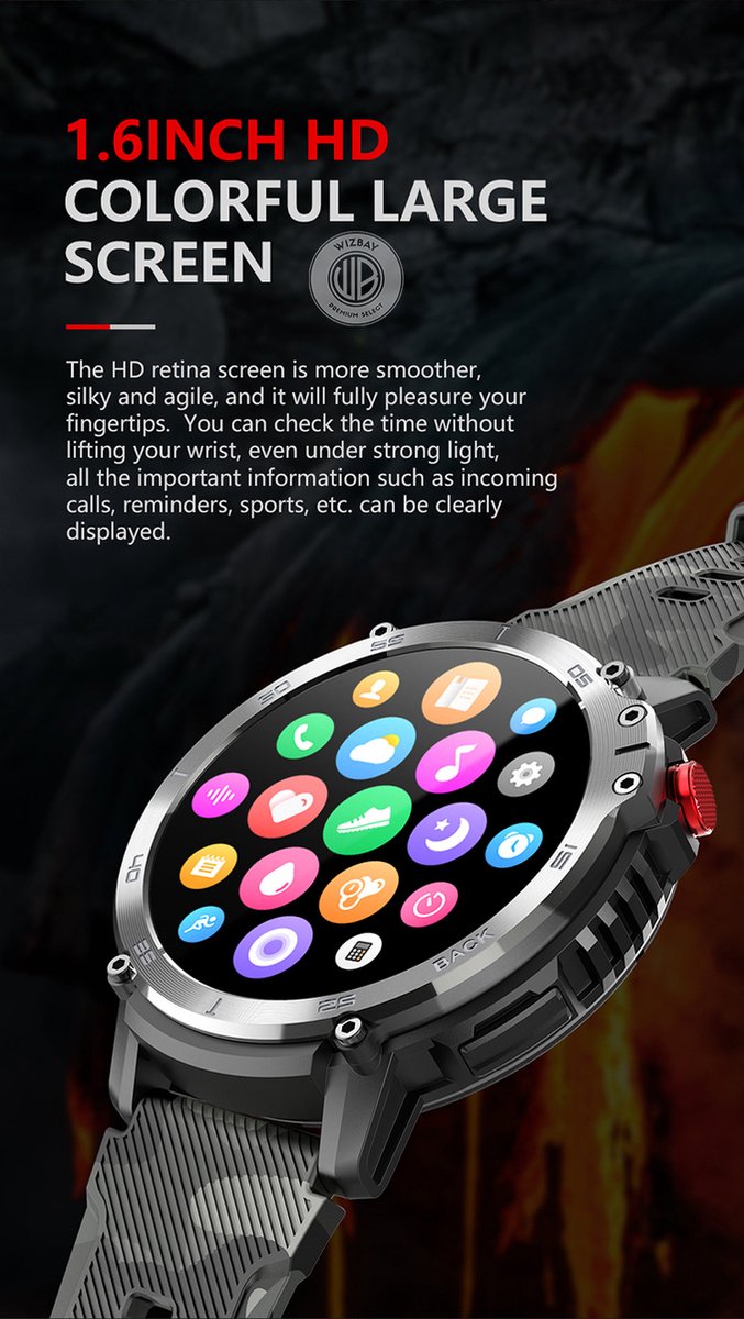 WizBay Premium Select 1.6inch Sport Smartwatch Alu Mat Zwart Army Band