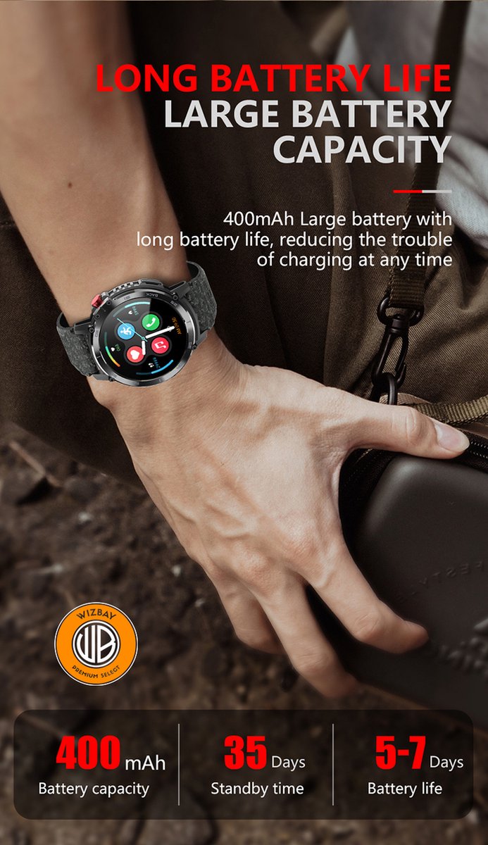 WizBay Premium Select 1.6inch Sport Smartwatch Alu Mat Zwart Army Band