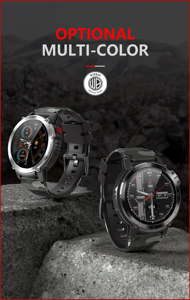 WizBay Premium Select 1.6inch Sport Smartwatch Alu Mat Zwart Army Band