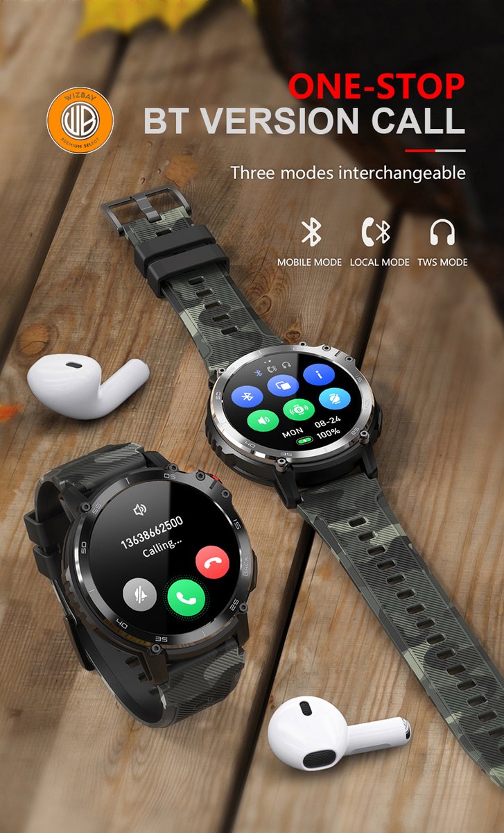 WizBay Premium Select 1.6inch Sport Smartwatch Alu Mat Zwart Army Band
