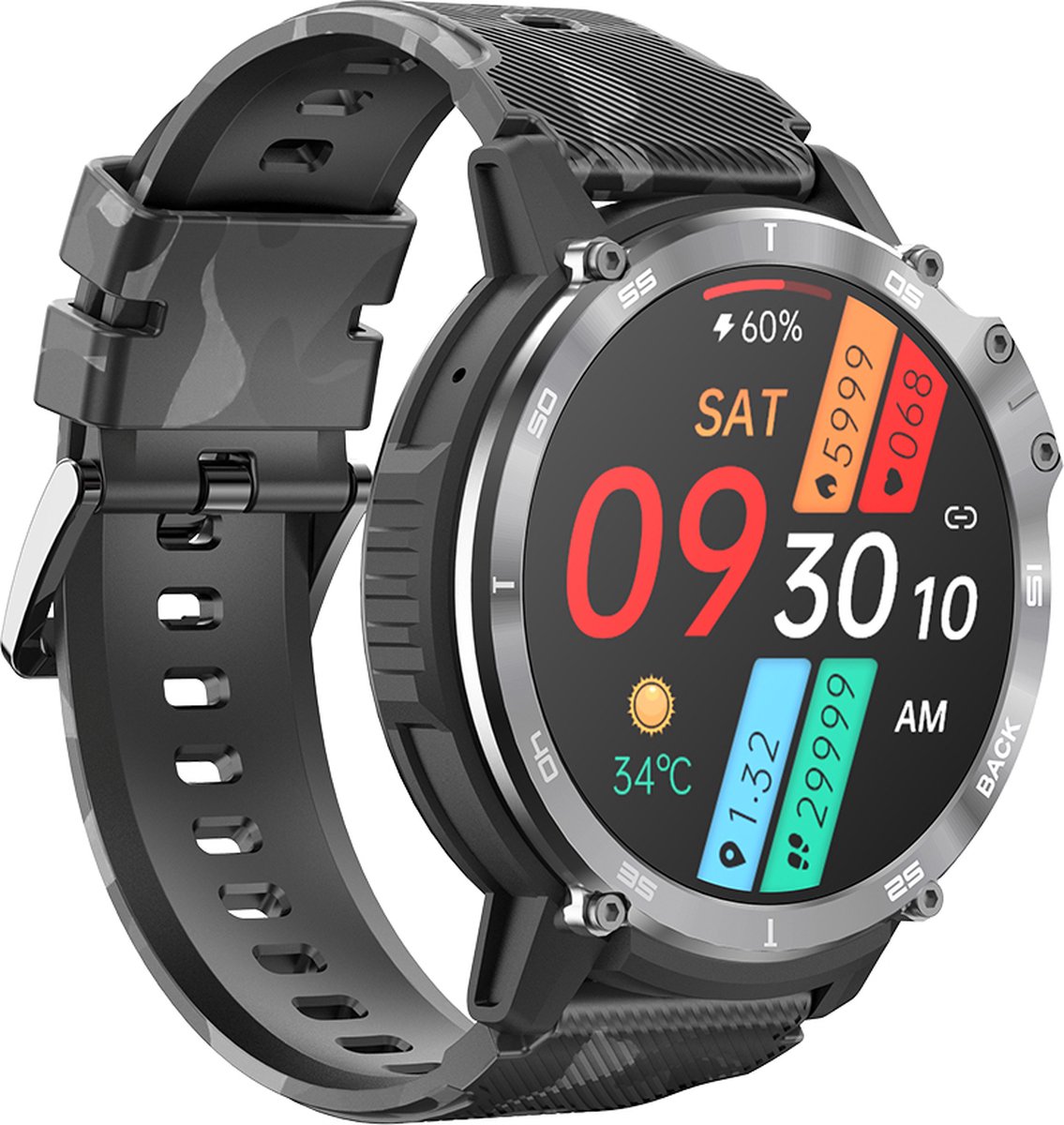 WizBay Premium Select 1.6inch Sport Smartwatch Alu Mat Zwart Army Band