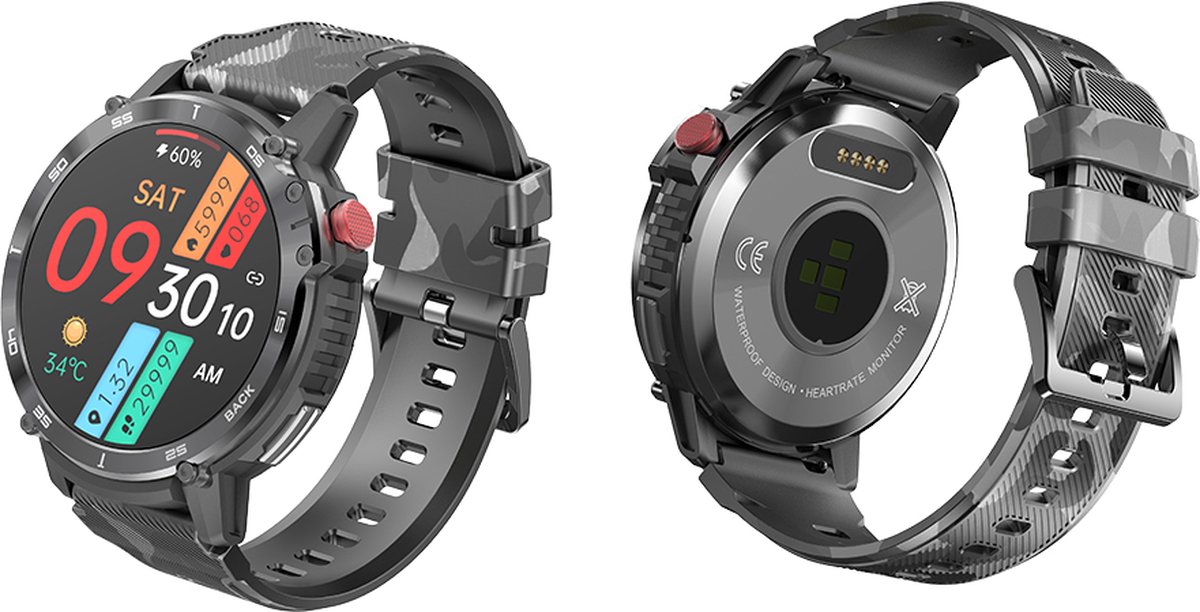 WizBay Premium Select 1.6inch Sport Smartwatch Alu Mat Zwart Army Band