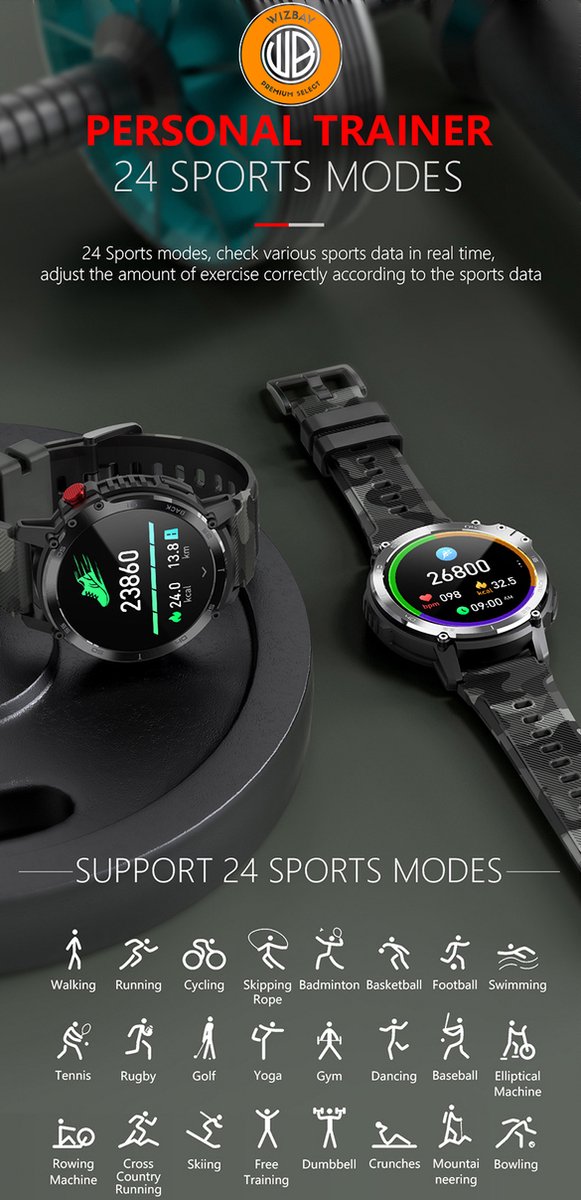 WizBay Premium Select 1.6inch Sport Smartwatch Alu Mat Zwart Army Band