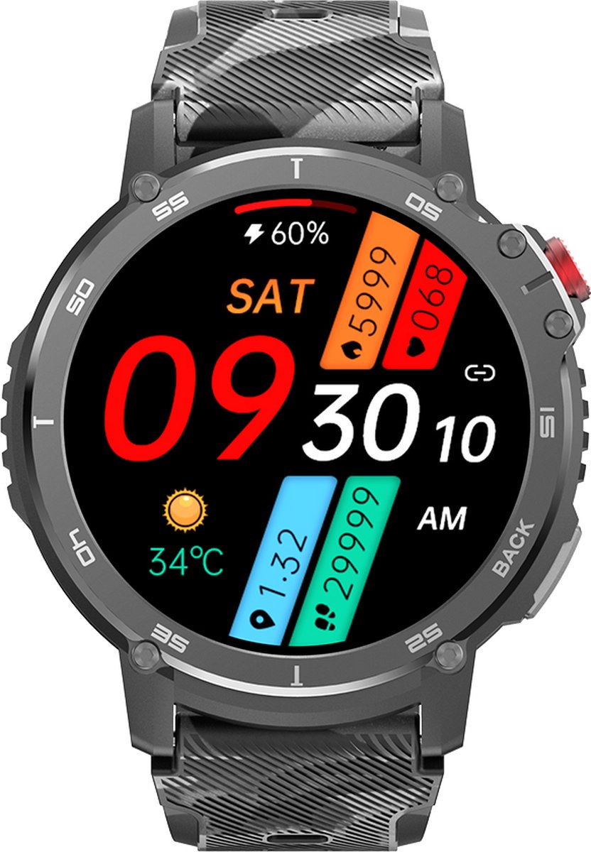 WizBay Premium Select 1.6inch Sport Smartwatch Alu Mat Zwart Army Band