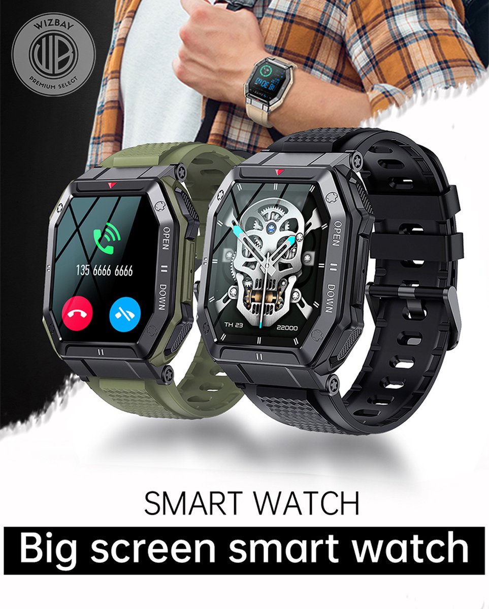 WizBay Premium Select 1.85inch Sport Smartwatch Alu Mat Zwart Case TPU Zwarte Band