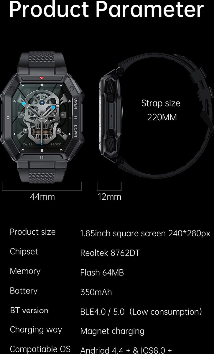 WizBay Premium Select 1.85inch Sport Smartwatch Alu Mat Zwart Case TPU Zwarte Band