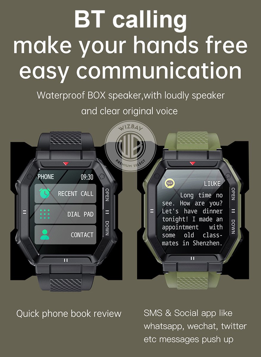 WizBay Premium Select 1.85inch Sport Smartwatch Alu Mat Zwart Case TPU Zwarte Band