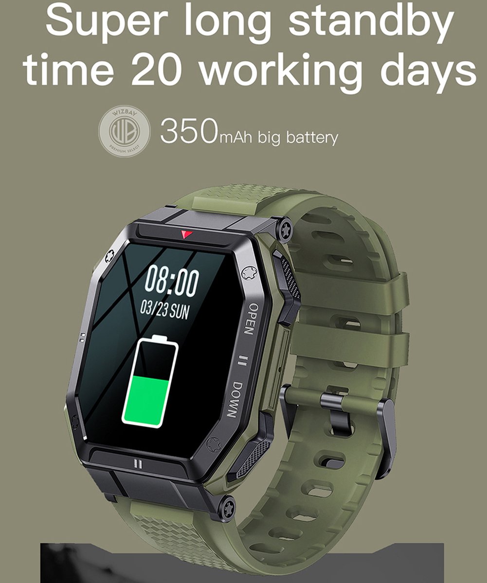 WizBay Premium Select 1.85inch Sport Smartwatch Alu Mat Zwart Case TPU Zwarte Band