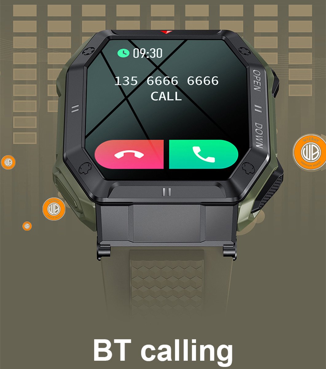 WizBay Premium Select 1.85inch Sport Smartwatch Alu Mat Zwart Case TPU Zwarte Band
