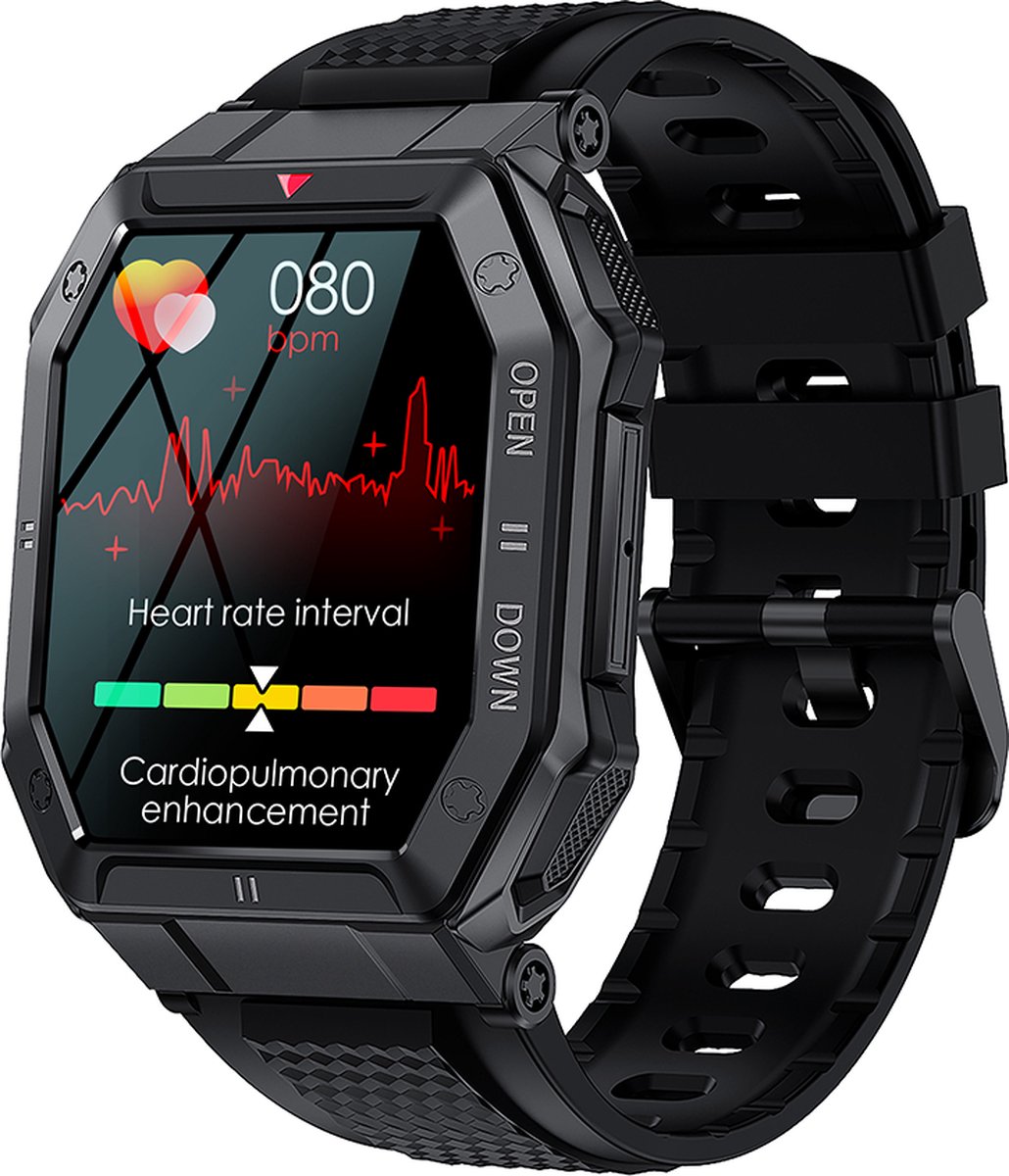 WizBay Premium Select 1.85inch Sport Smartwatch Alu Mat Zwart Case TPU Zwarte Band