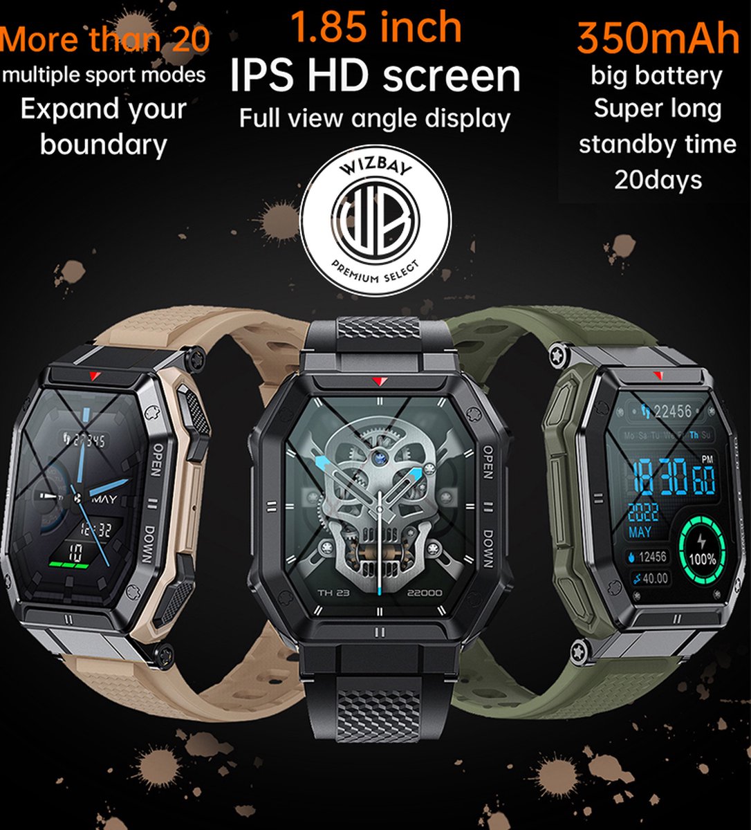 WizBay Premium Select 1.85inch Sport Smartwatch Alu Mat Zwart Case TPU Zwarte Band