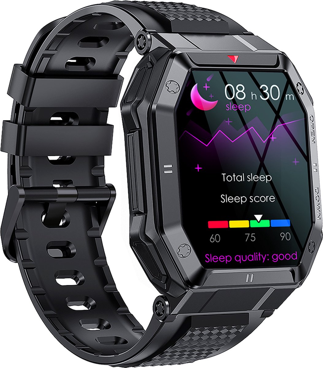 WizBay Premium Select 1.85inch Sport Smartwatch Alu Mat Zwart Case TPU Zwarte Band